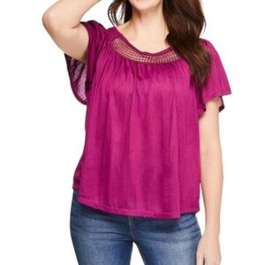 Iyla Magenta Pink Smock Short Sleeve Peasant Top Crochet Neckline Flutter Sl 1X